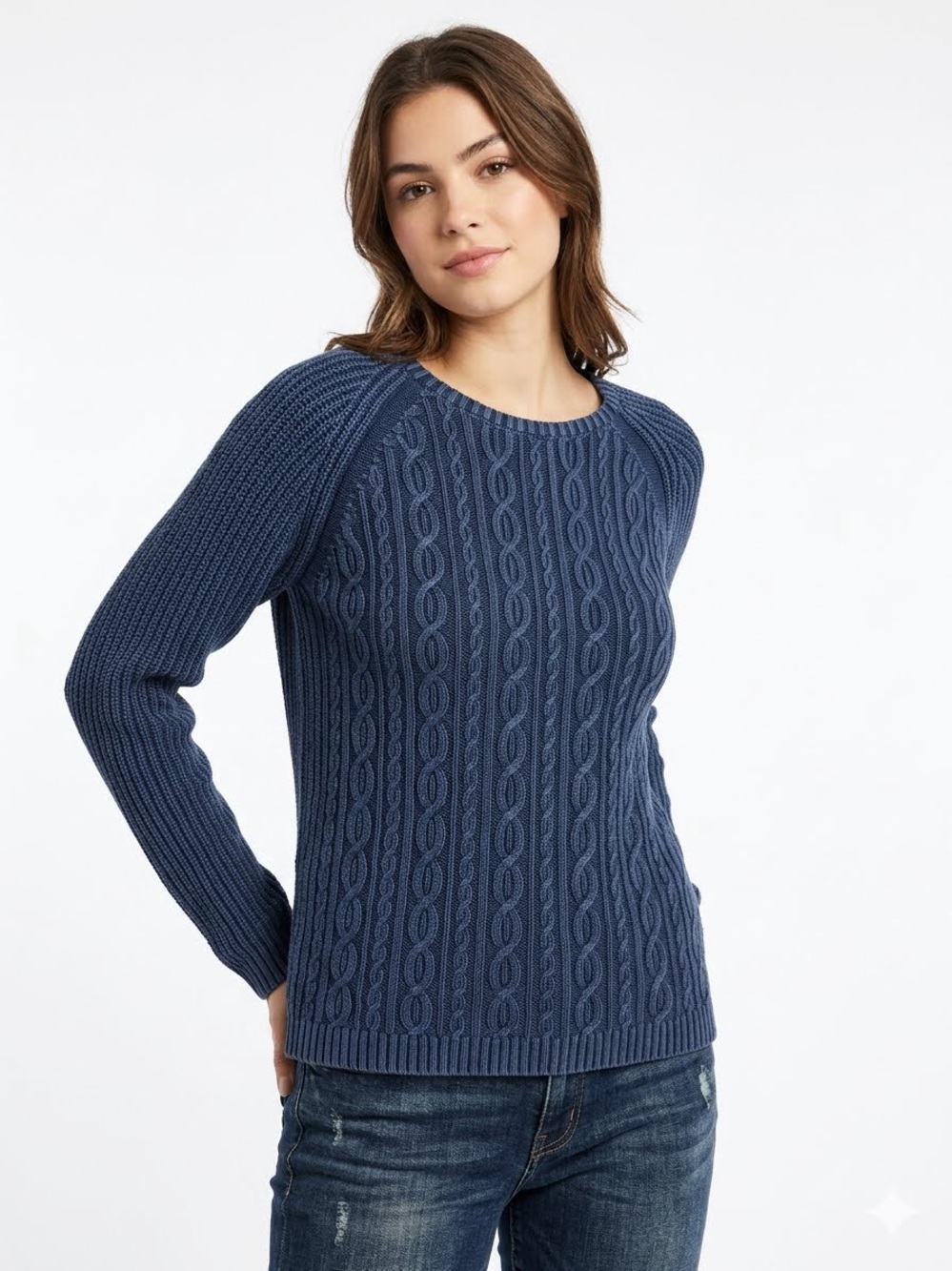 Artisan NY Blue Cable Knit Cotton Crewneck Sweater Size L